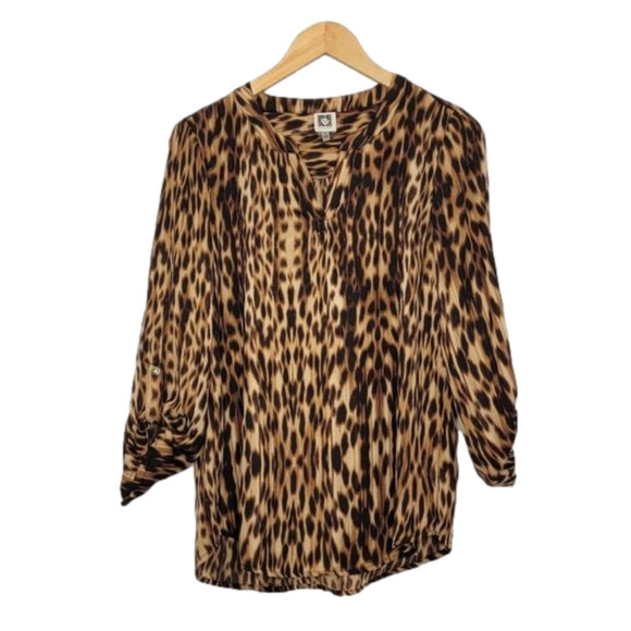 Anne Klein V Neck Leopard 3/4 sleeves Blouse - Picture 1 of 11